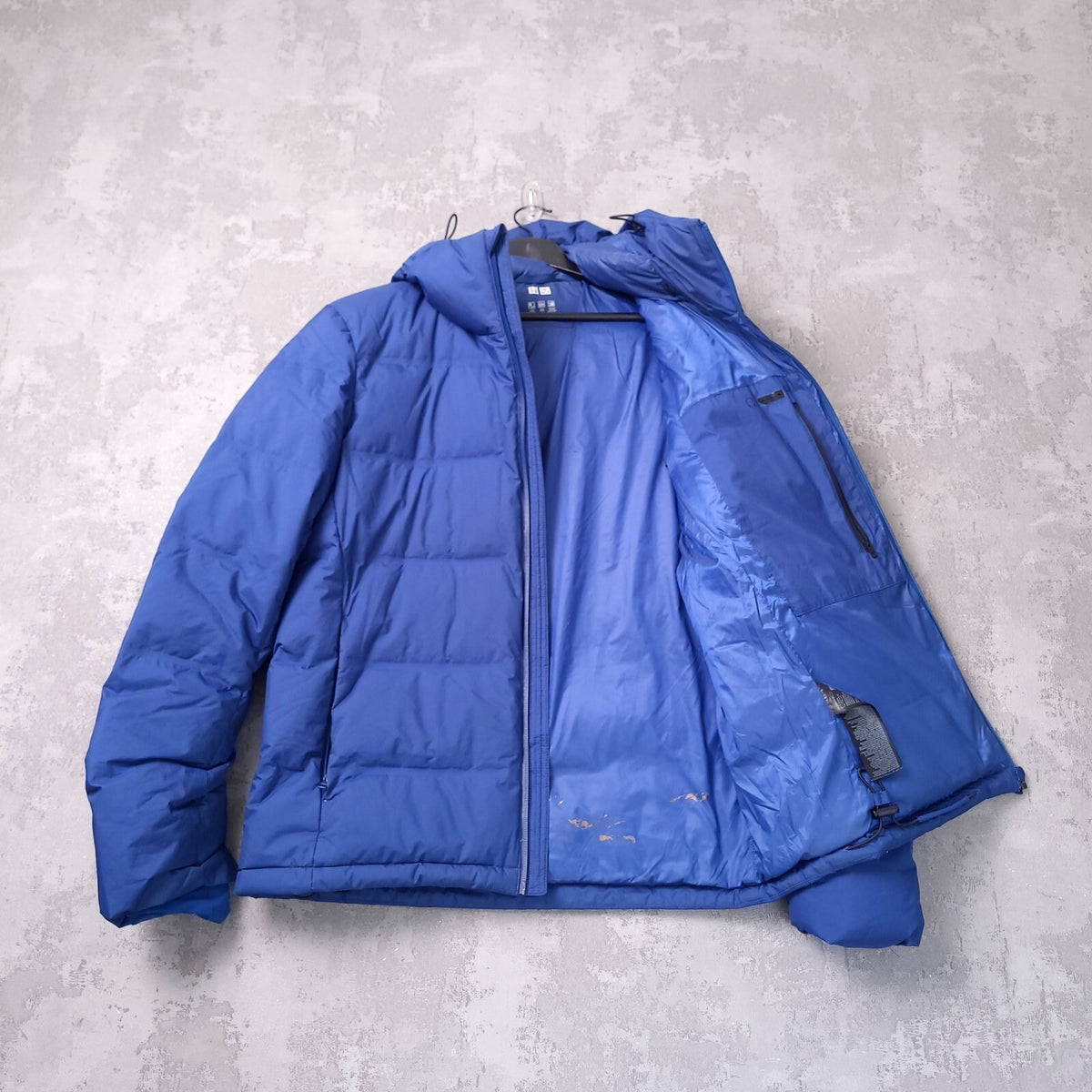 Uniqlo Down Puffer Jacket Mens Medium Regular Blue Hooded Quilted Full Zip Coat