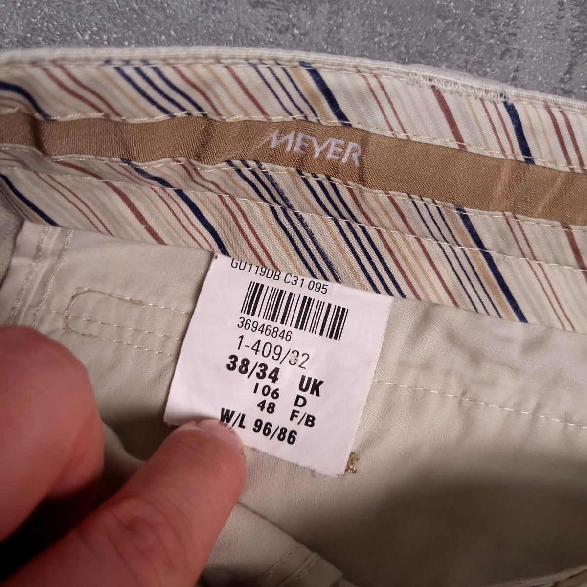 Meyer Trousers Mens W38 L34 Regular Fit Beige Cotton Stretch Chinos