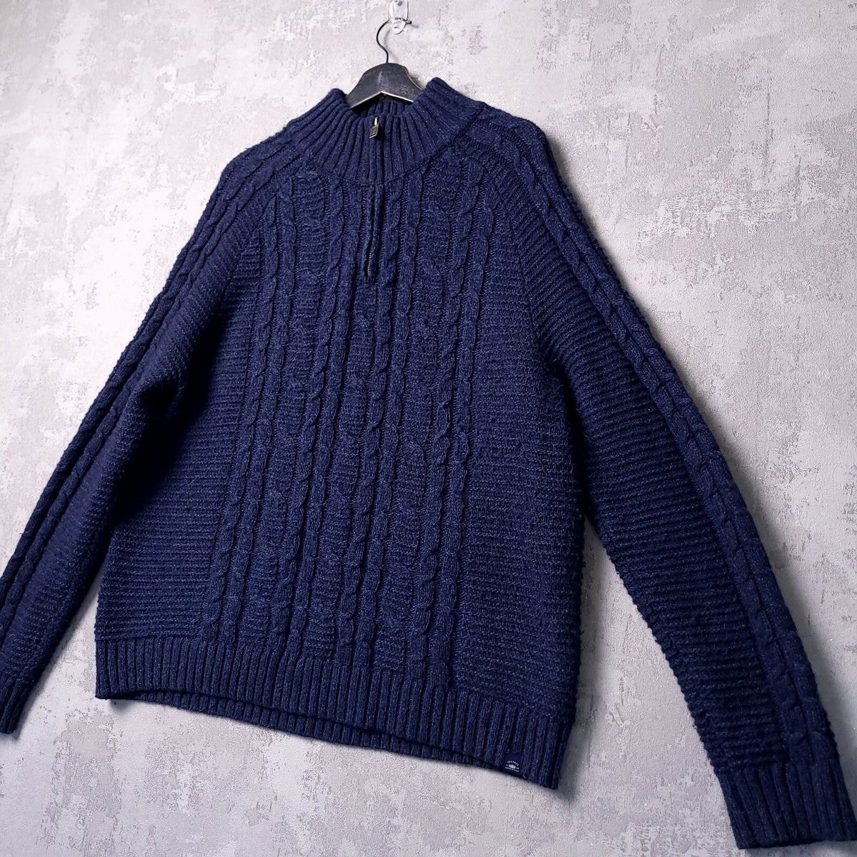 Fat Face Wool Jumper Mens XXL Regular Fit Navy Cable Knit Quarter Zip Sweater