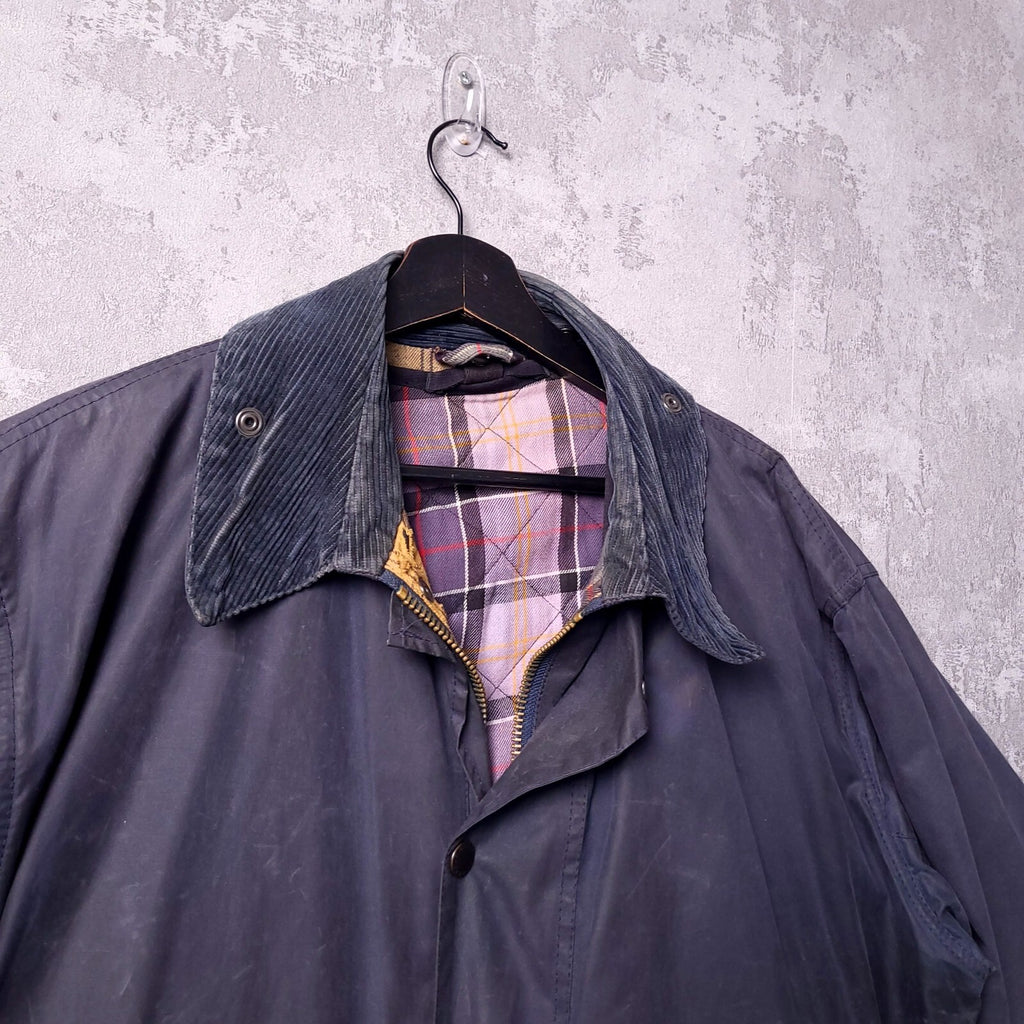 Barbour Wax Border Jacket Mens 46R Regular Fit Navy Blue Tartan Lined Coat