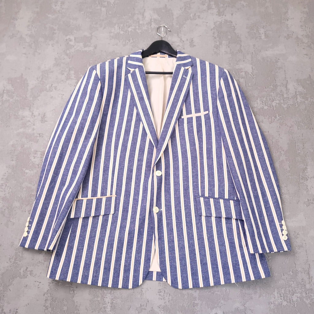 Brook Taverner Linen Blazer Mens 46S Short Fit Blue White Stripe Jacket Boating