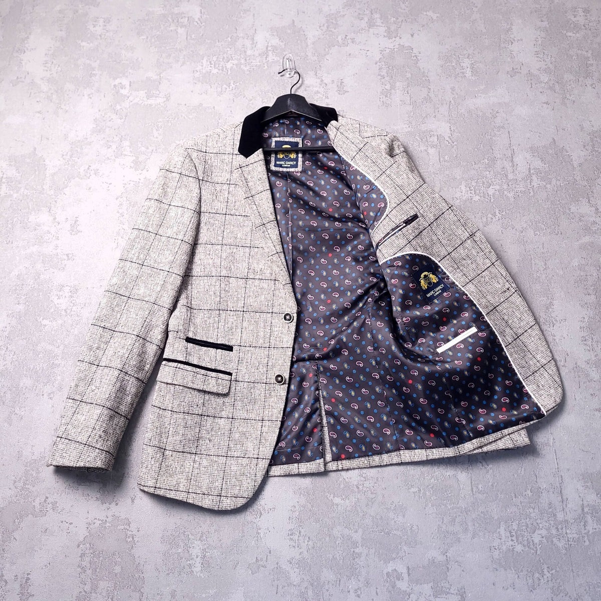 Marc Darcy Tweed Blazer Waistcoat Mens 38R Regular Grey Check Elbow Patch