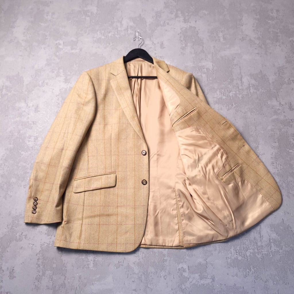 Brook Taverner Herringbone Tweed Blazer Jacket Mens 40R Beige Check Wool Sport