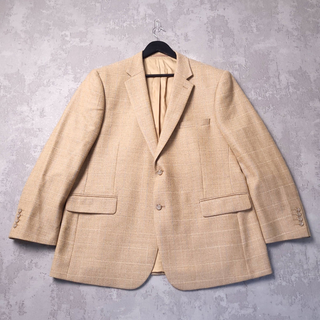 Brook Taverner Tweed Blazer Jacket Mens 46S Tan Blue Check 100% Wool Sport Coat