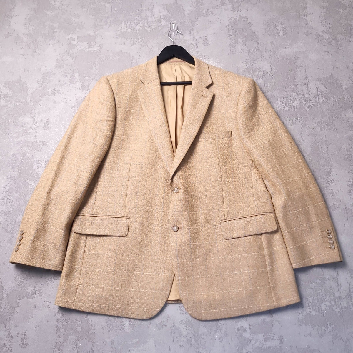 Brook Taverner Tweed Blazer Jacket Mens 46S Tan Blue Check 100% Wool Sport Coat