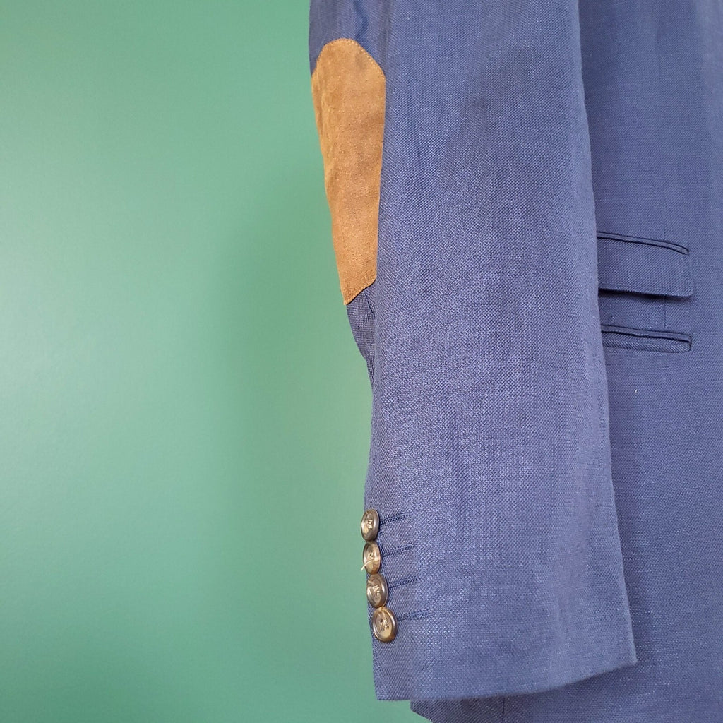 Next Linen Blazer Jacket Mens 44R Slim Fit Blue Sport Coat Elbow Patch