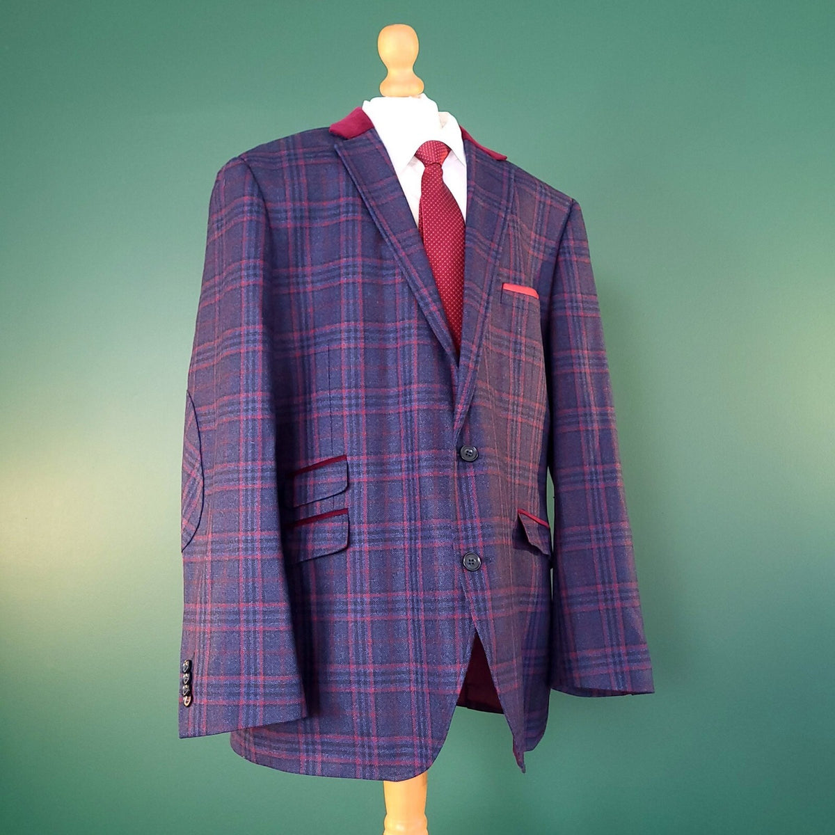 Brook Taverner Tweed Blazer Mens 46R Regular Blue Red Check Velvet Sport Coat
