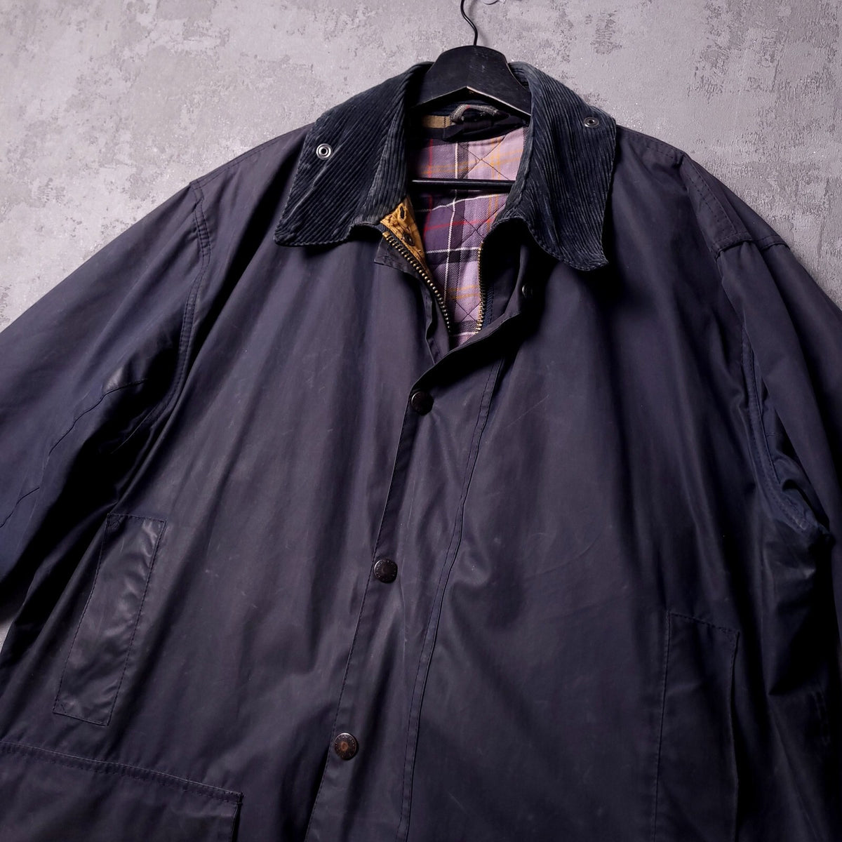 Barbour Wax Border Jacket Mens 46R Regular Fit Navy Blue Tartan Lined Coat