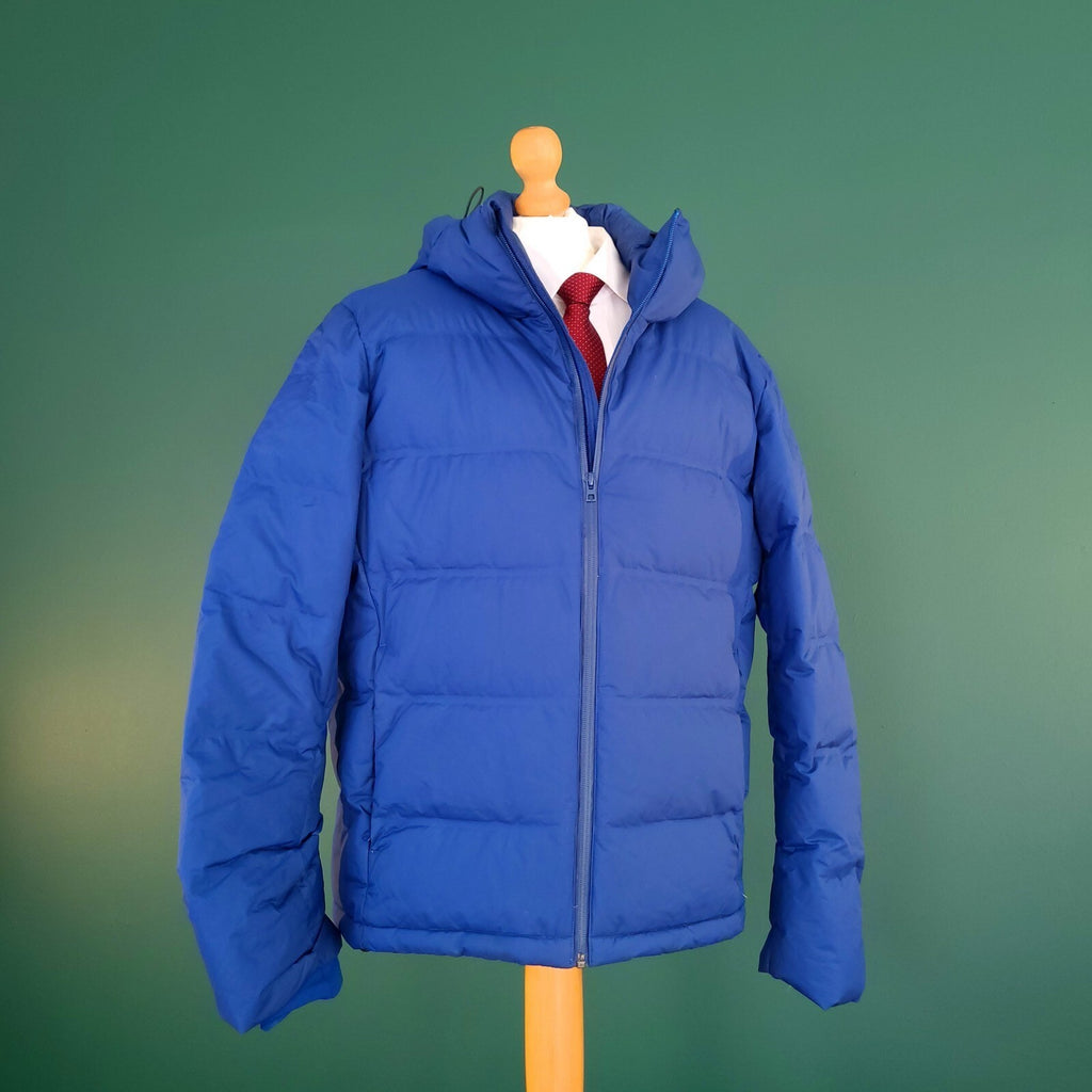 Uniqlo Down Puffer Jacket Mens Medium Regular Blue Hooded Quilted Full Zip Coat