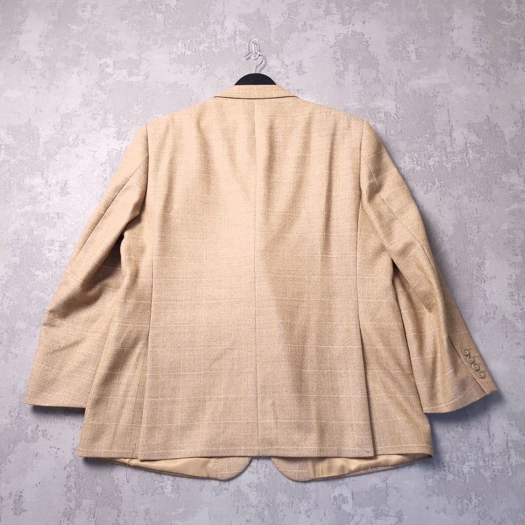 Brook Taverner Tweed Blazer Jacket Mens 46S Tan Blue Check 100% Wool Sport Coat
