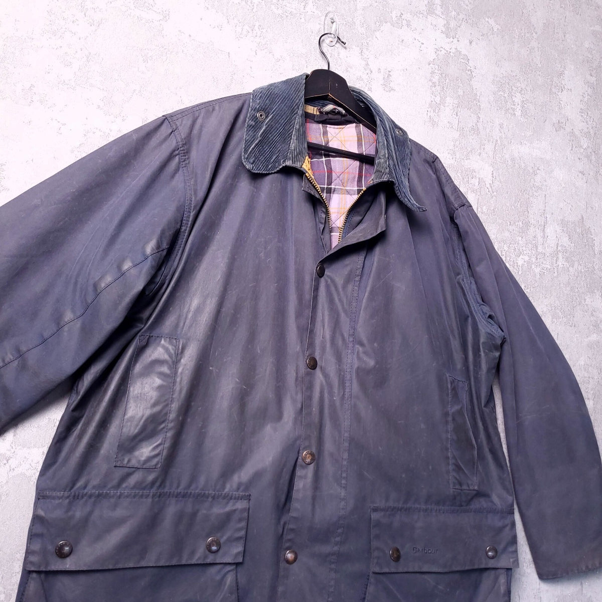 Barbour Wax Border Jacket Mens 46R Regular Fit Navy Blue Tartan Lined Coat