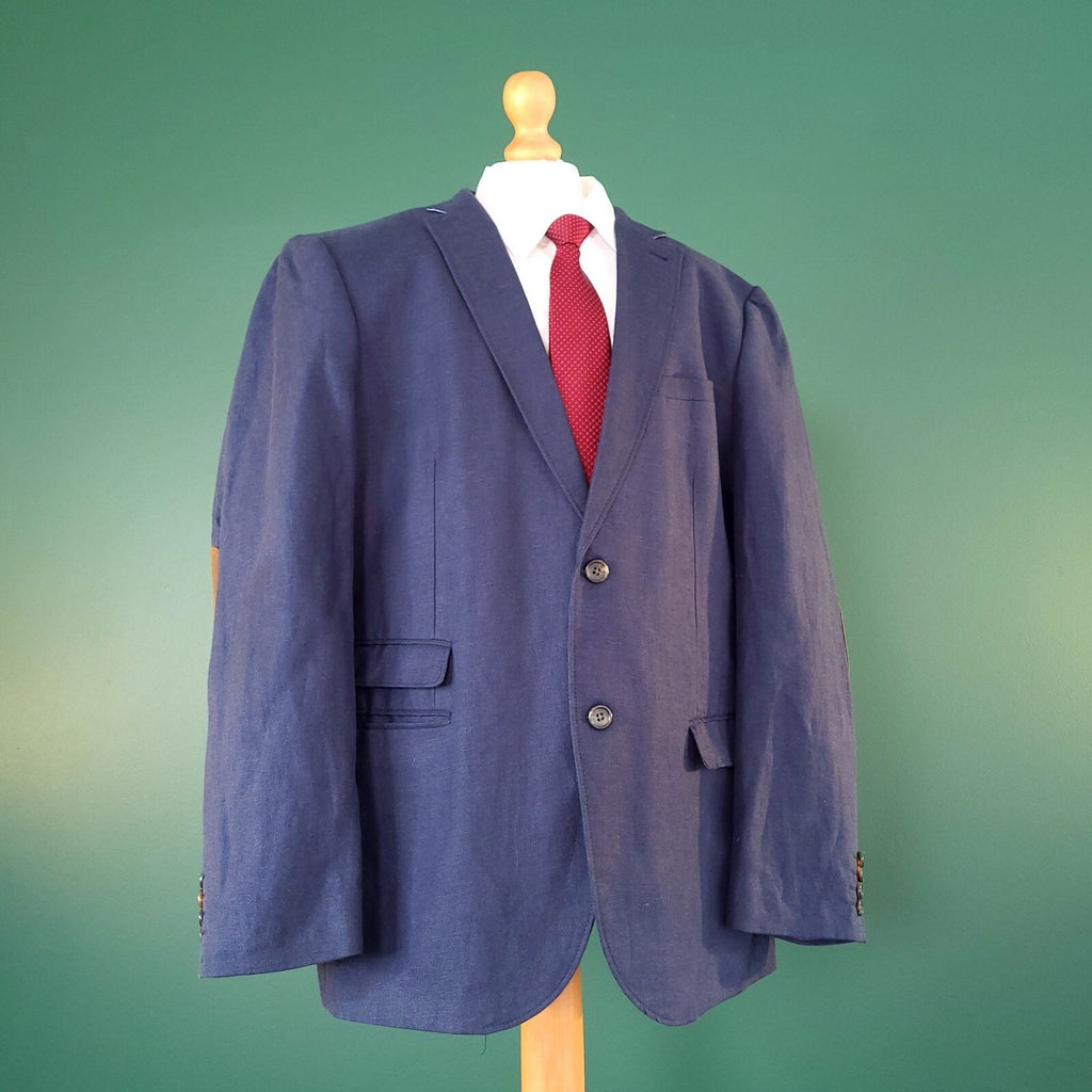 Next Linen Blazer Jacket Mens 44R Slim Fit Blue Sport Coat Elbow Patch