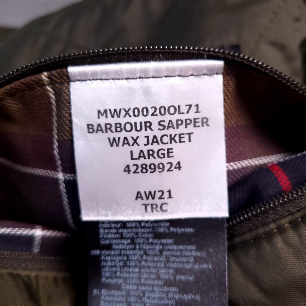Barbour Wax Sapper Jacket Mens Large Regular Fit Olive Green Field Coat Quilted
