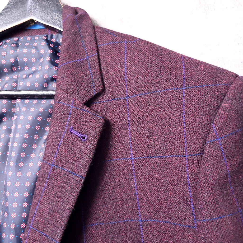 Harry Brown Tweed Blazer Jacket Mens 46S Regular Fit Burgundy Blue Check Sport