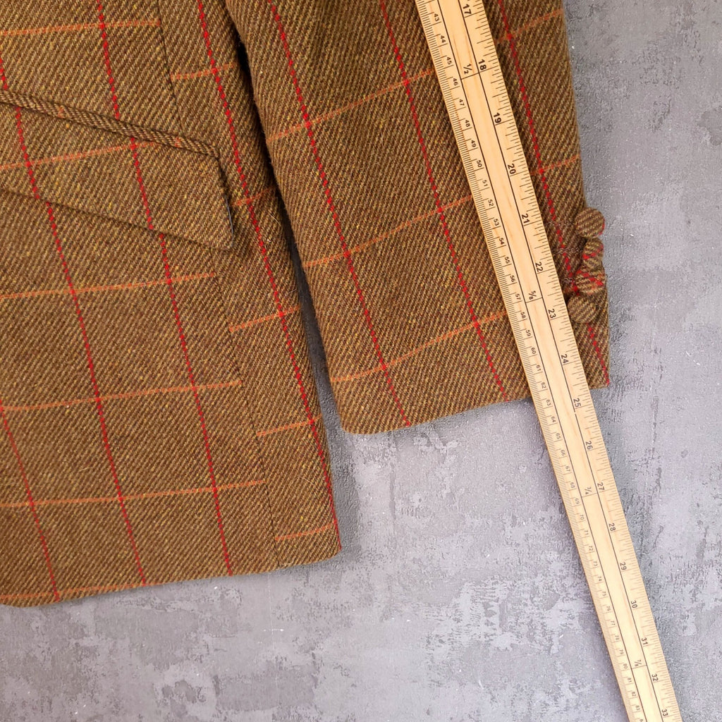 William Hunt Tweed Blazer Jacket Mens 38R Brown Red Check Elbow Patch Sport Coat