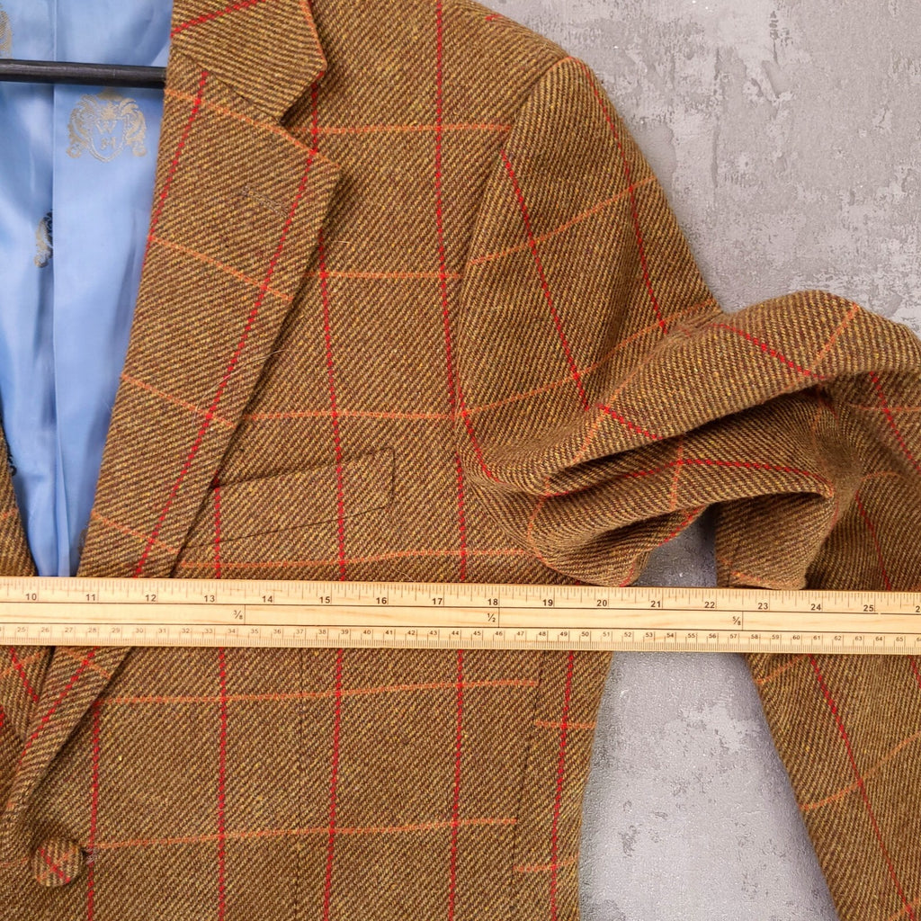 William Hunt Tweed Blazer Jacket Mens 38R Brown Red Check Elbow Patch Sport Coat