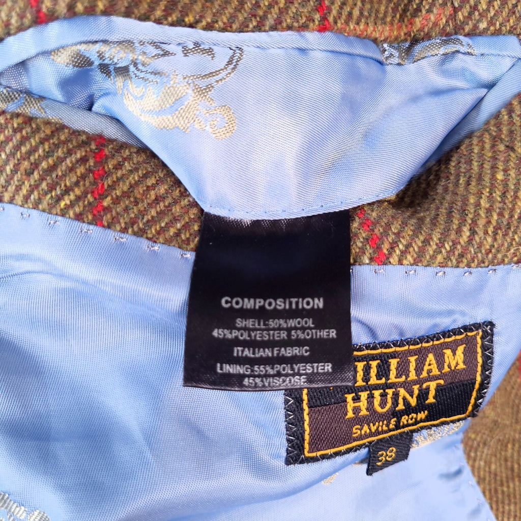 William Hunt Tweed Blazer Jacket Mens 38R Brown Red Check Elbow Patch Sport Coat