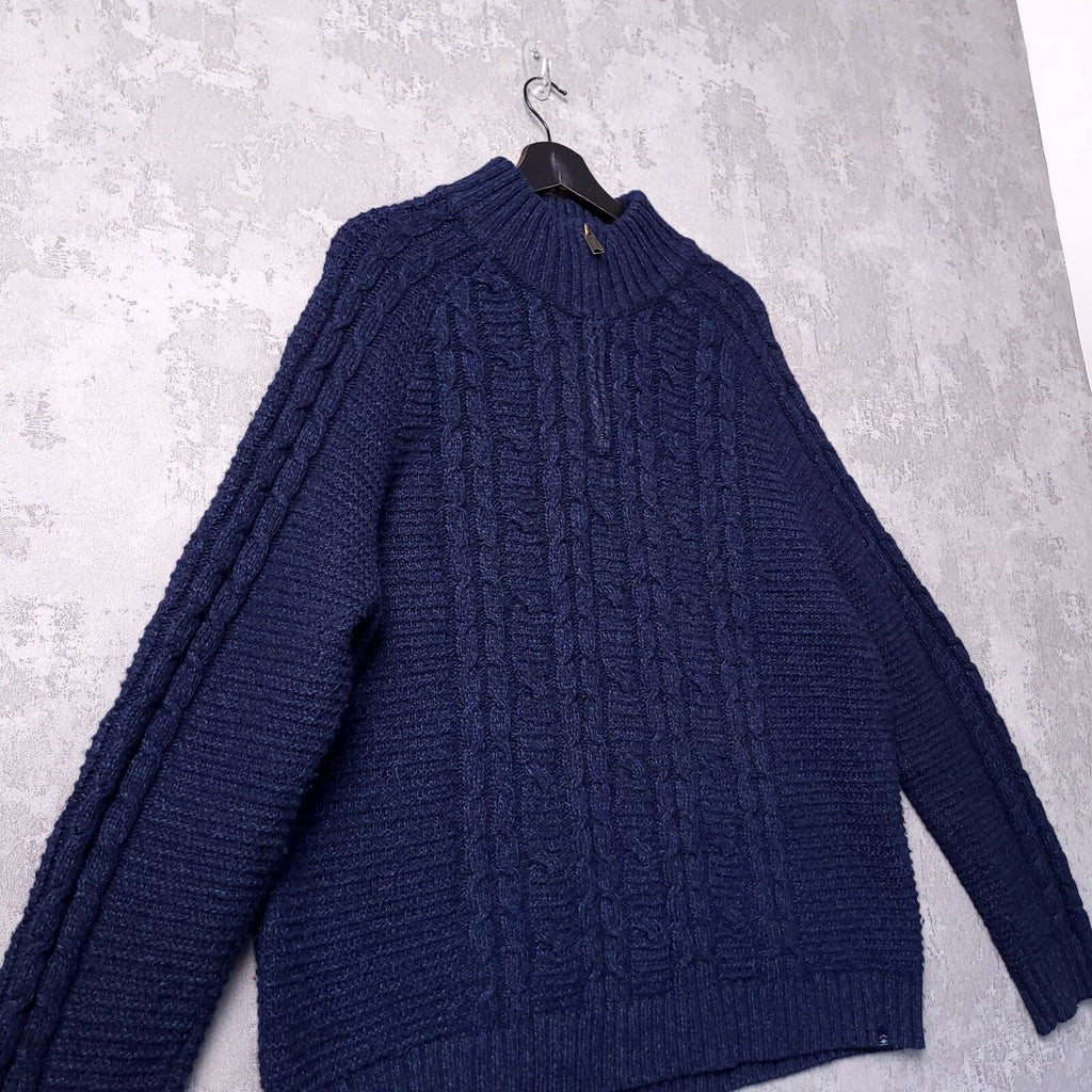 Fat Face Wool Jumper Mens XXL Regular Fit Navy Cable Knit Quarter Zip Sweater