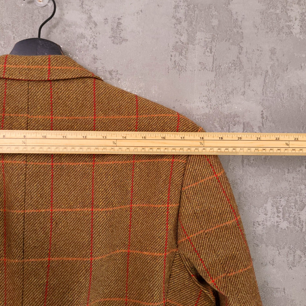 William Hunt Tweed Blazer Jacket Mens 38R Brown Red Check Elbow Patch Sport Coat