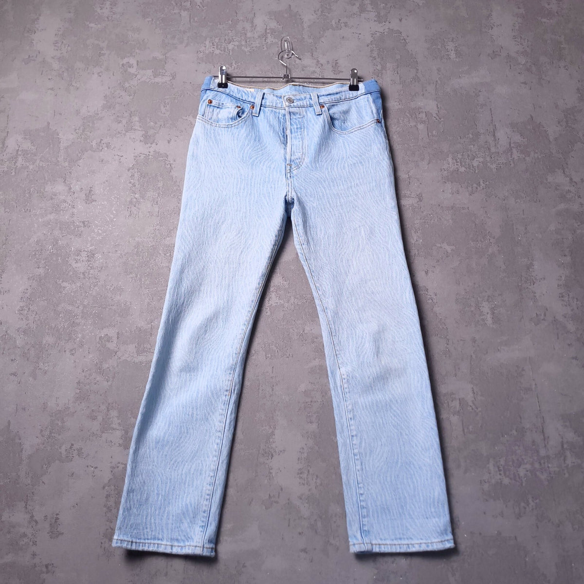 Levis 501 Jeans Womens W28 L28 Straight Leg Light Blue Wavy Print Button Fly