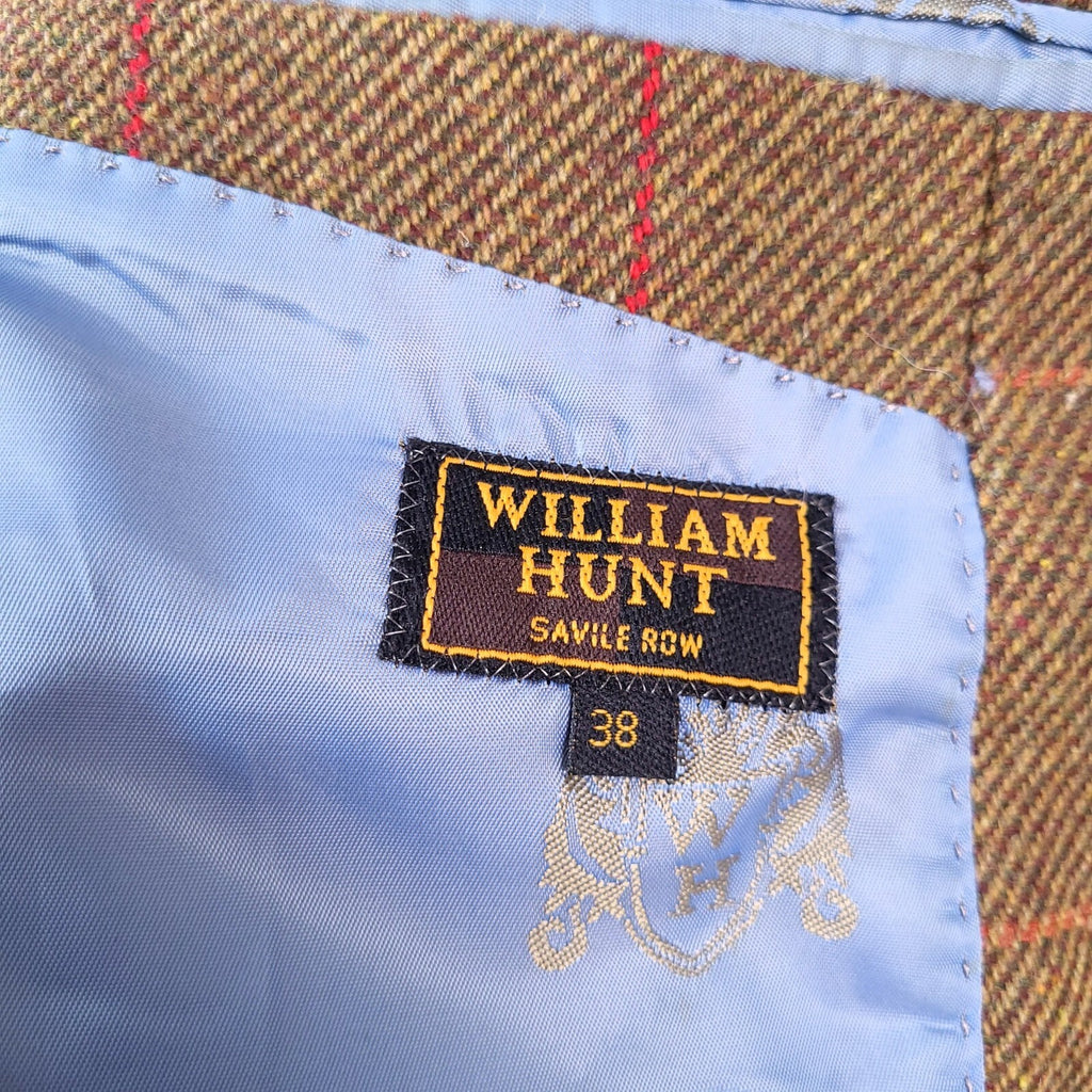 William Hunt Tweed Blazer Jacket Mens 38R Brown Red Check Elbow Patch Sport Coat