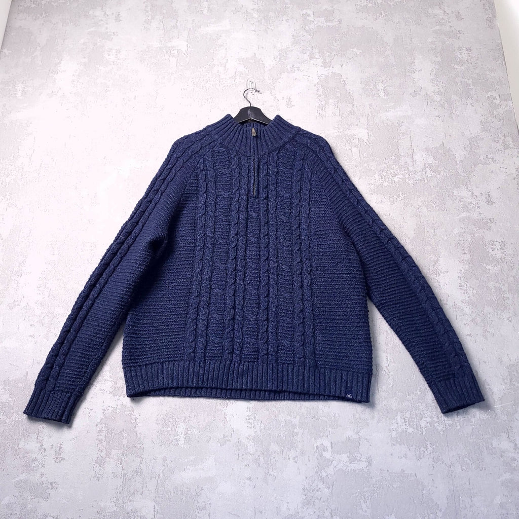Fat Face Wool Jumper Mens XXL Regular Fit Navy Cable Knit Quarter Zip Sweater