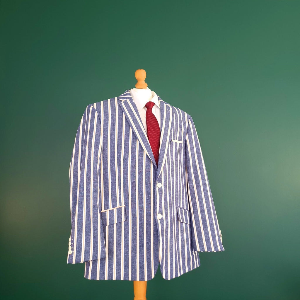 Brook Taverner Linen Blazer Mens 46S Short Fit Blue White Stripe Jacket Boating