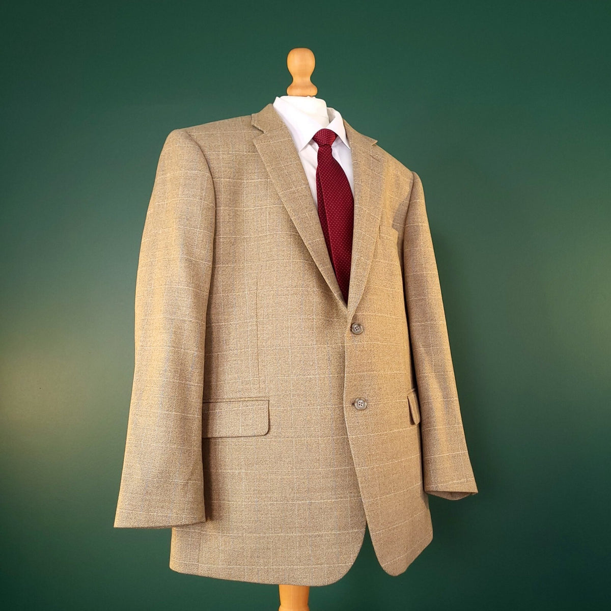 Brook Taverner Tweed Blazer Jacket Mens 46S Tan Blue Check 100% Wool Sport Coat