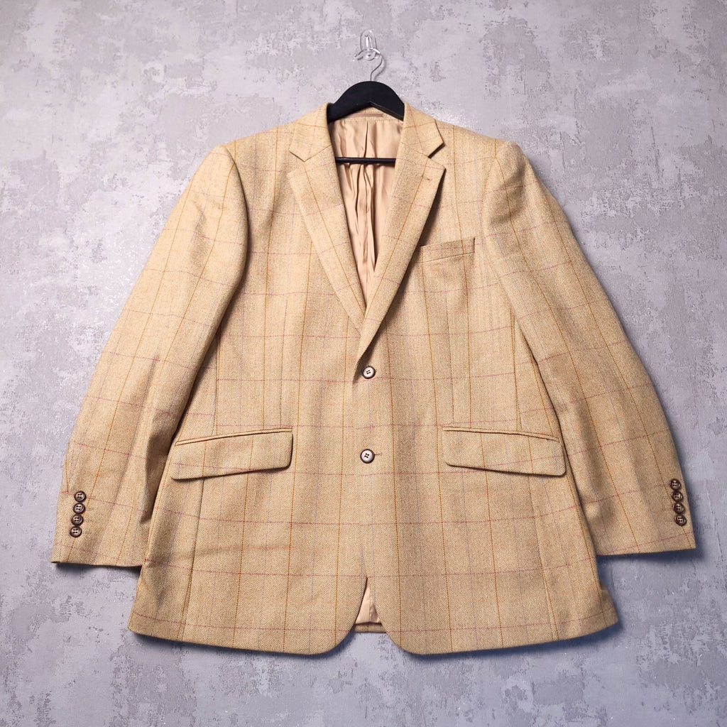 Brook Taverner Herringbone Tweed Blazer Jacket Mens 40R Beige Check Wool Sport
