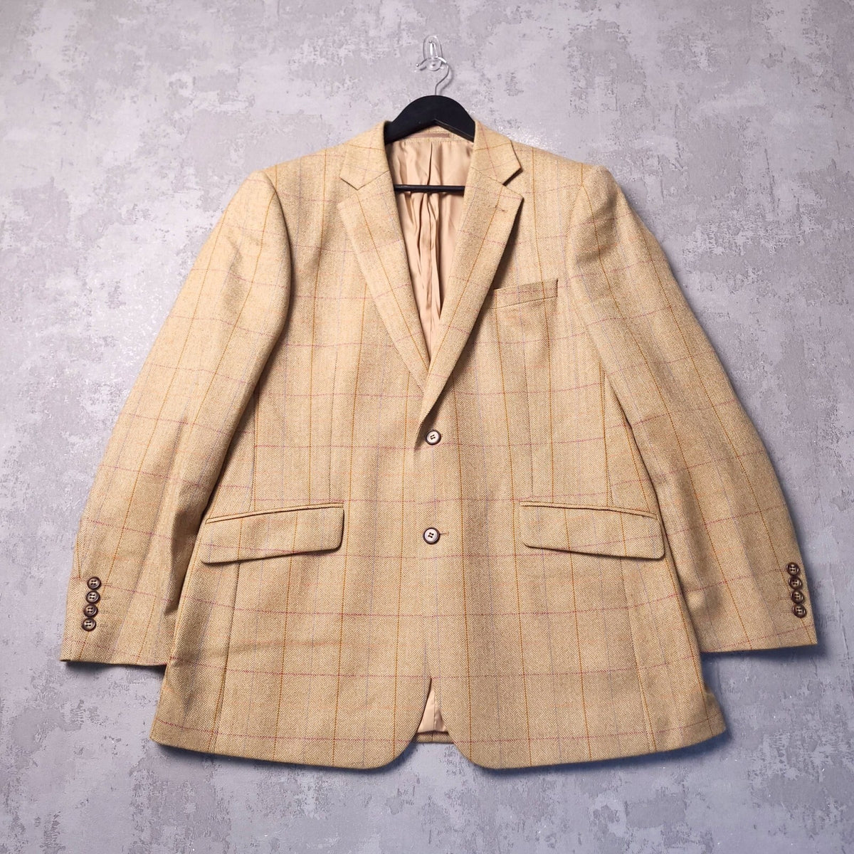 Brook Taverner Herringbone Tweed Blazer Jacket Mens 40R Beige Check Wool Sport