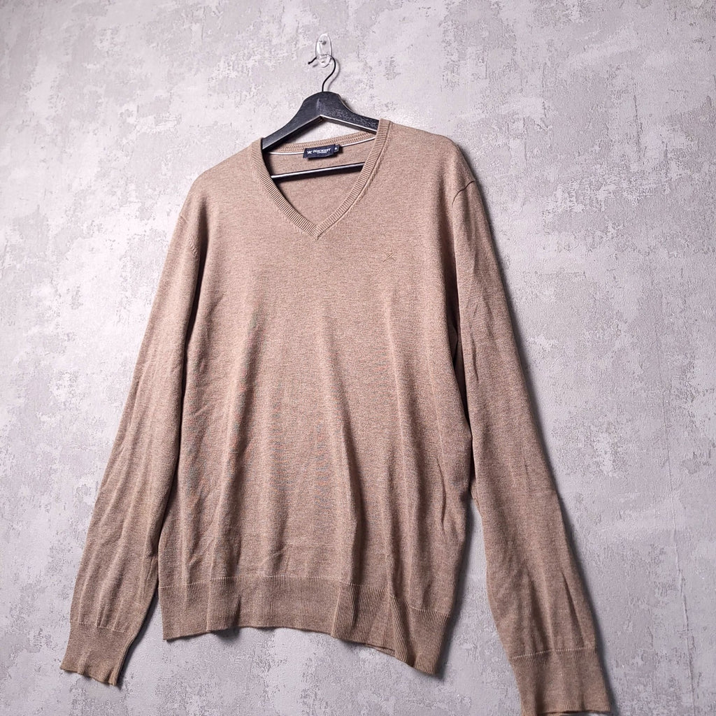 Hackett London Cotton Silk Jumper Mens XL Reg Fit Brown Coffee V Neck Sweater