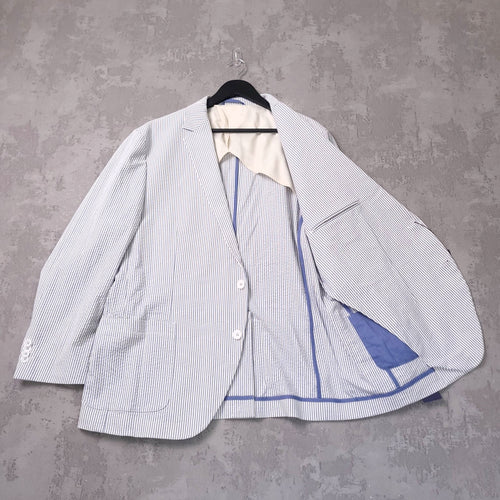 Brook Taverner Seersucker Blazer Jacket Mens 46S Tailored Blue Stripe Boating