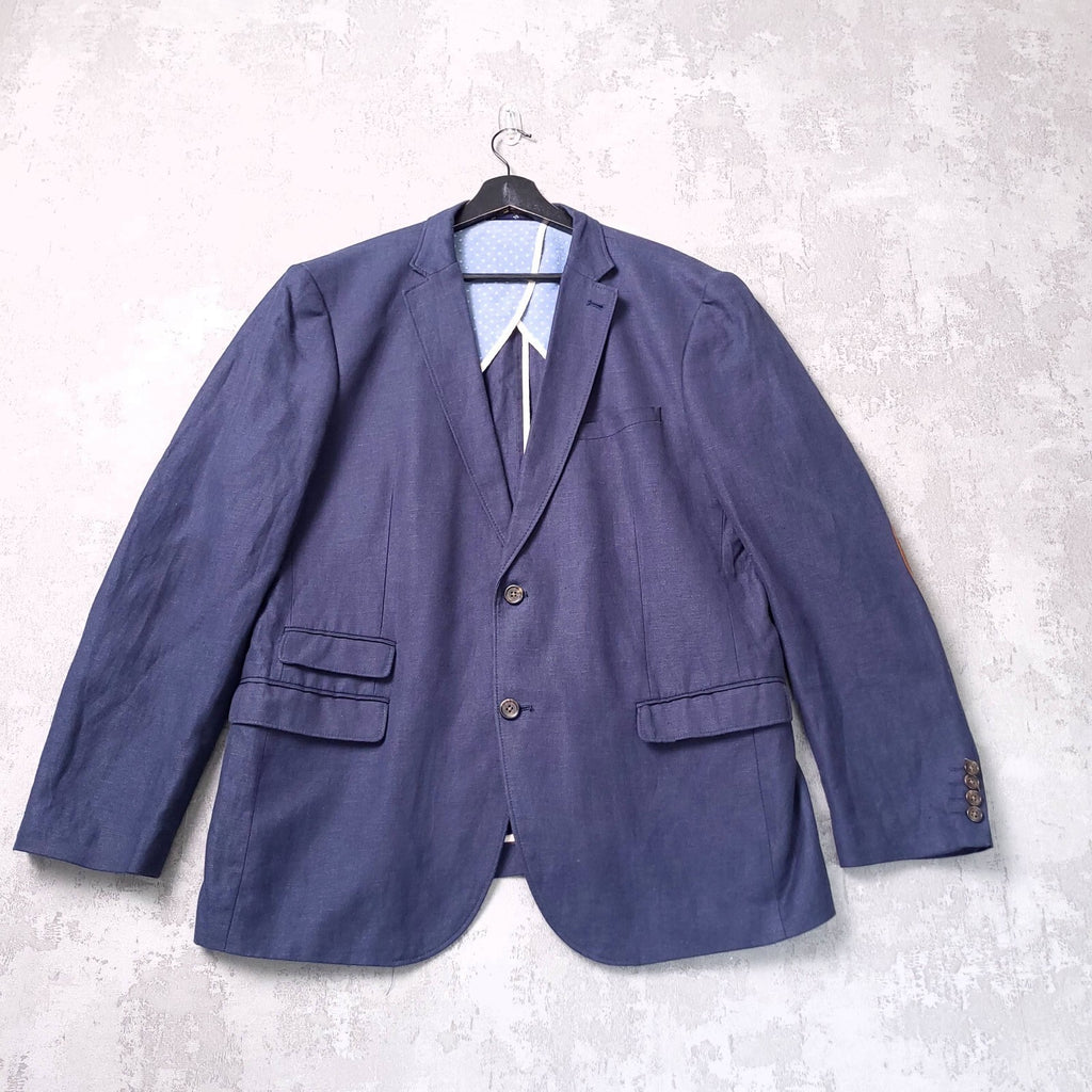 Next Linen Blazer Jacket Mens 44R Slim Fit Blue Sport Coat Elbow Patch