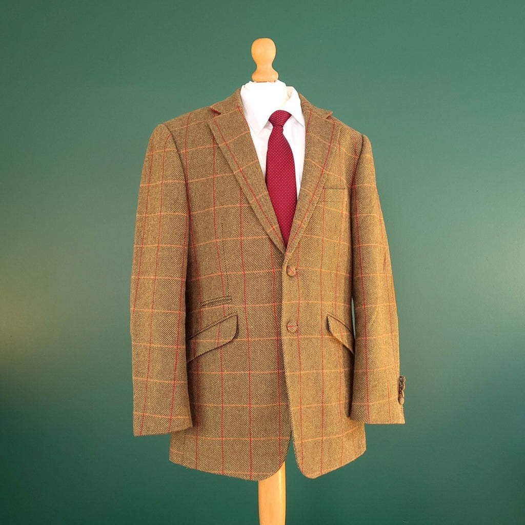 William Hunt Tweed Blazer Jacket Mens 38R Brown Red Check Elbow Patch Sport Coat