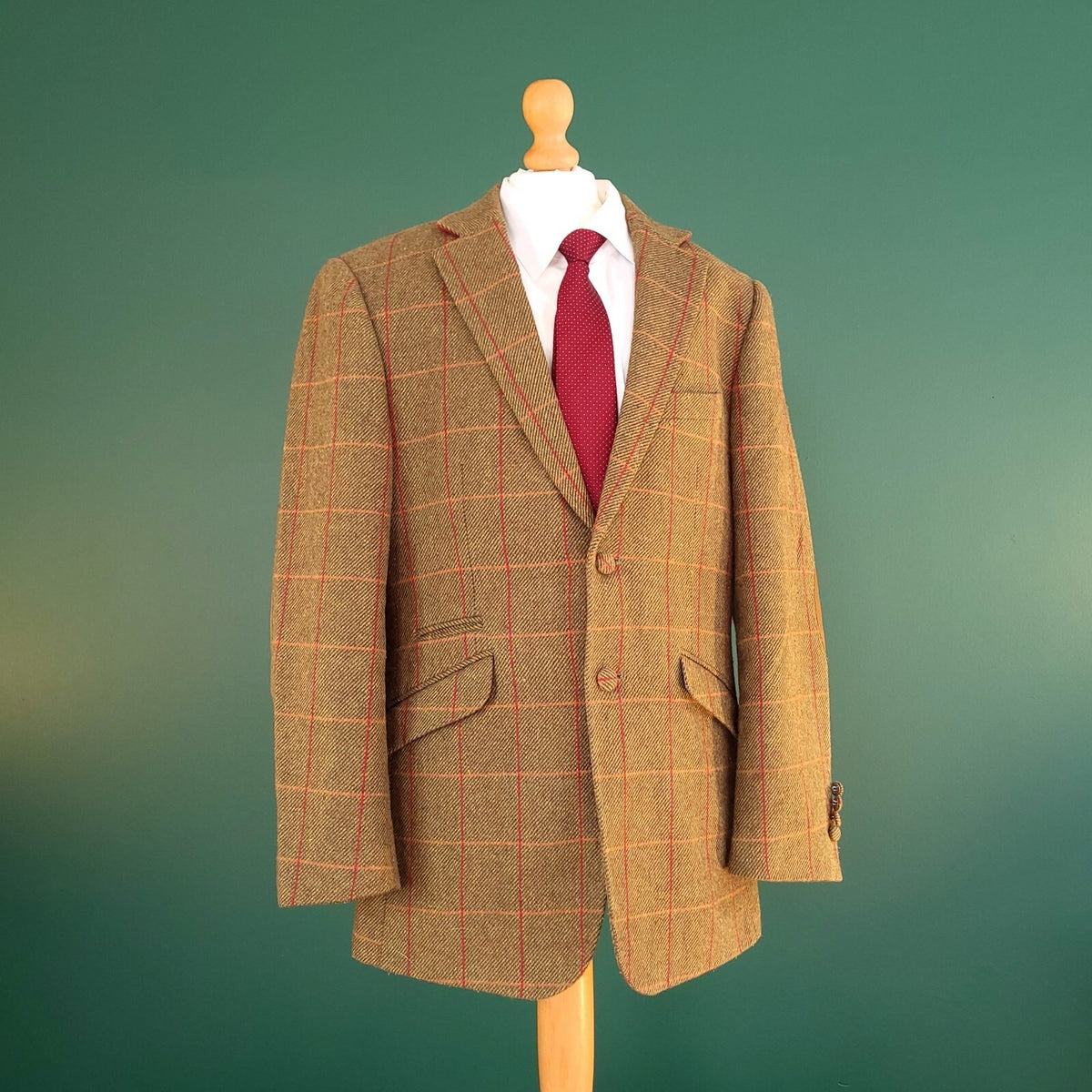 William Hunt Tweed Blazer Jacket Mens 38R Brown Red Check Elbow Patch Sport Coat