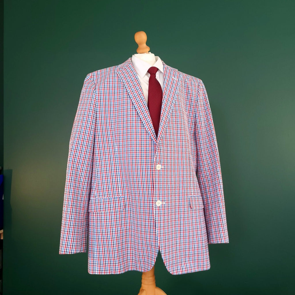 Brooks Brothers Seerscuker Blazer Jacket Mens 46L  Red Blue Cotton Check Sport