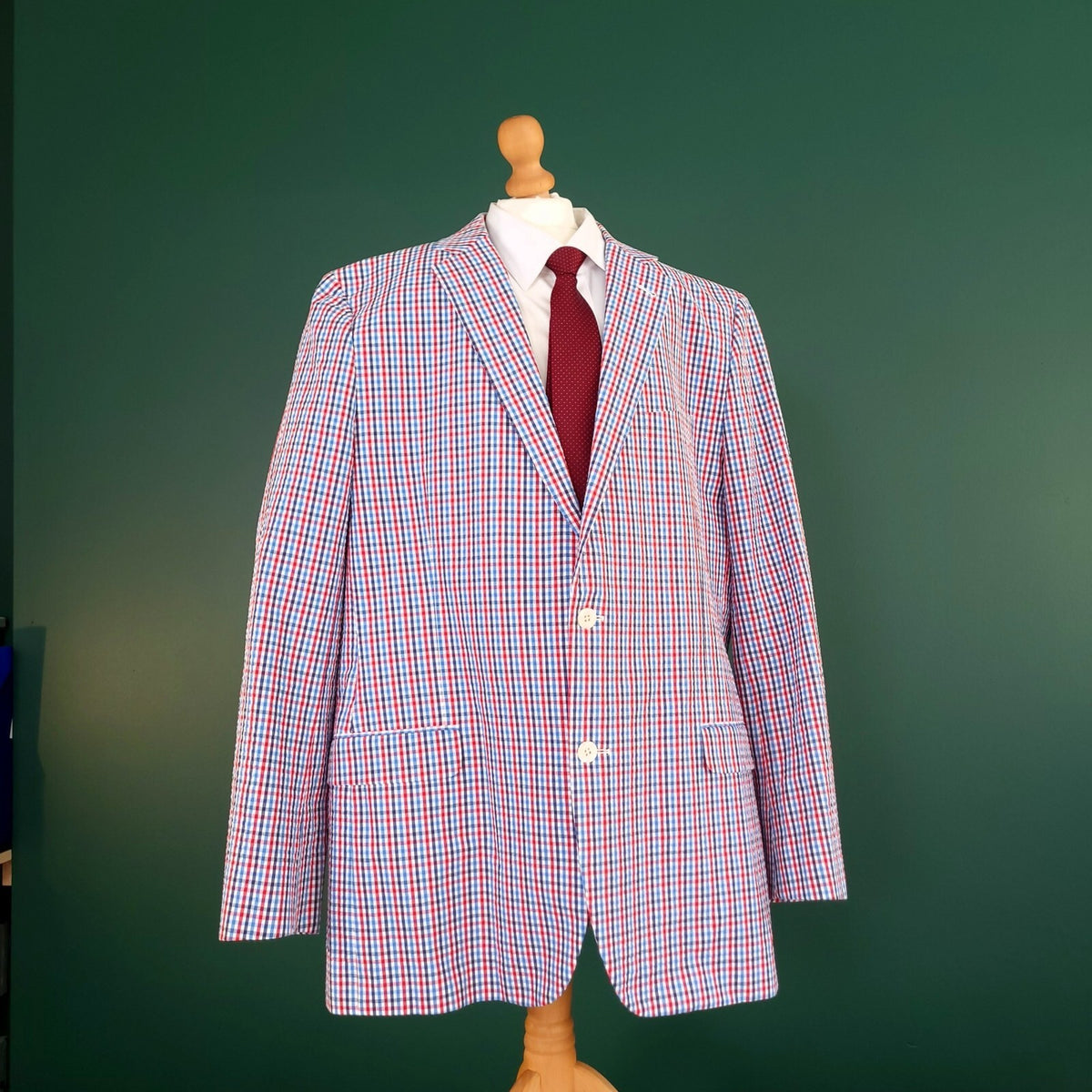 Brooks Brothers Seerscuker Blazer Jacket Mens 46L  Red Blue Cotton Check Sport
