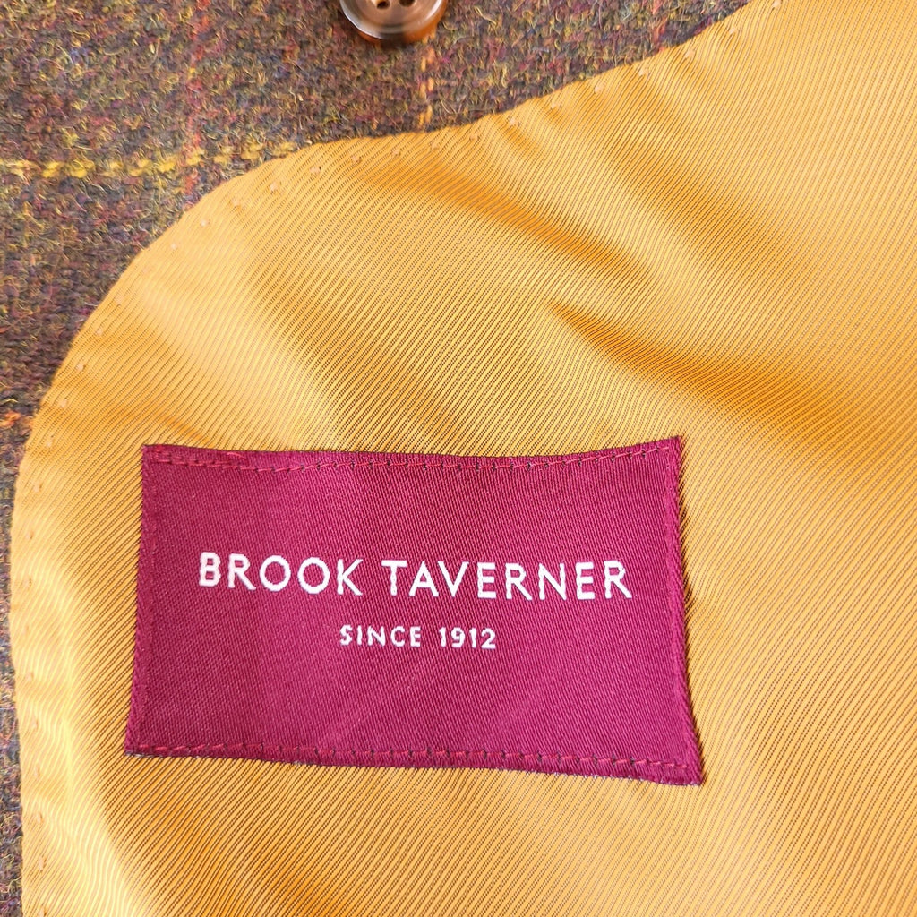 Brook Taverner Tweed Blazer Mens 40L Brown Check 100% Wool Jacket Sport Coat