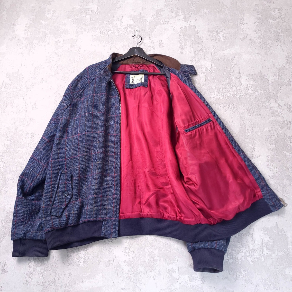 Peter Christian Harris Tweed Bomber Jacket Mens 52R Regular Fit Blue Check Wool