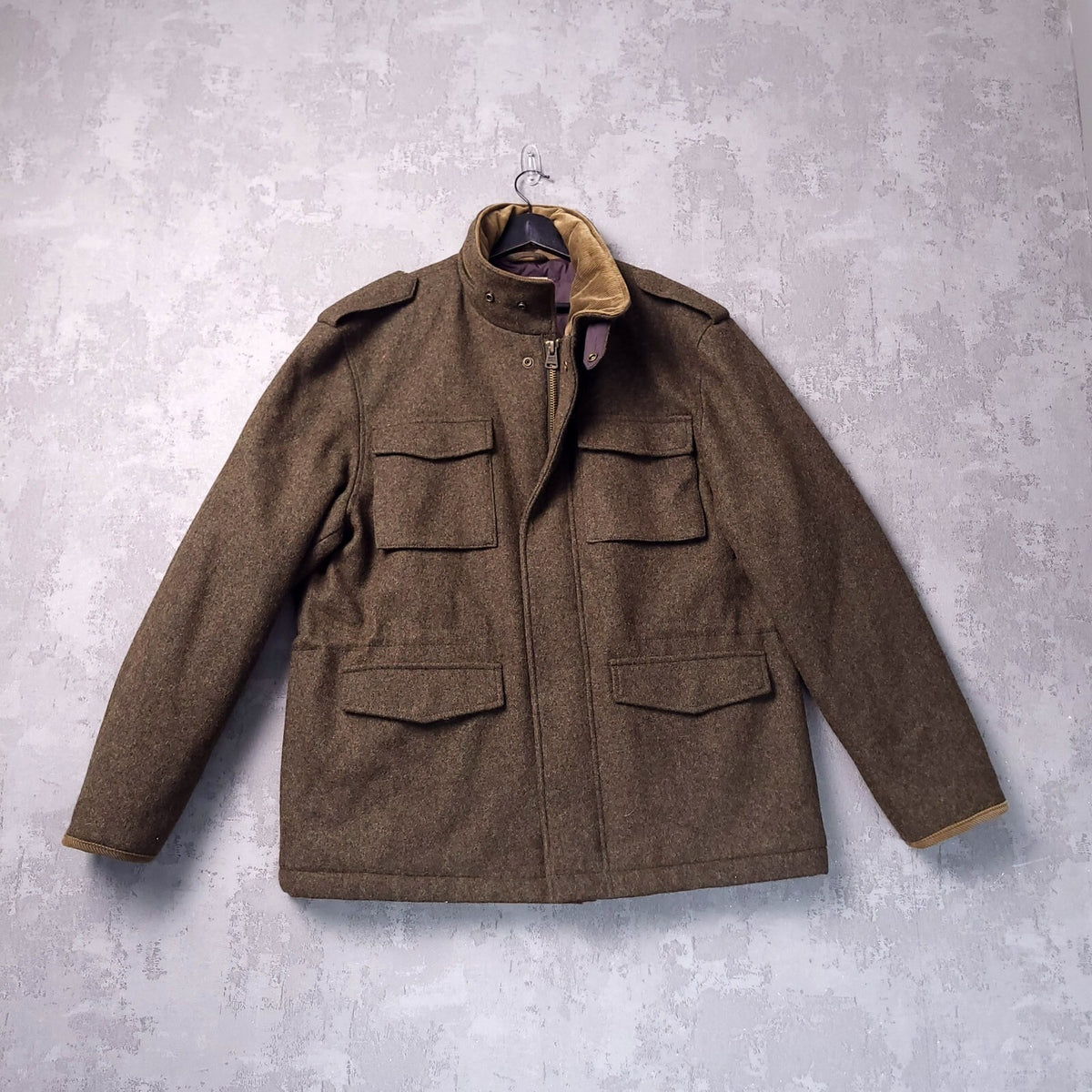 Marks & Spencer Wool Tweed Overcoat Jacket Mens XL Regular Fit Khaki Field