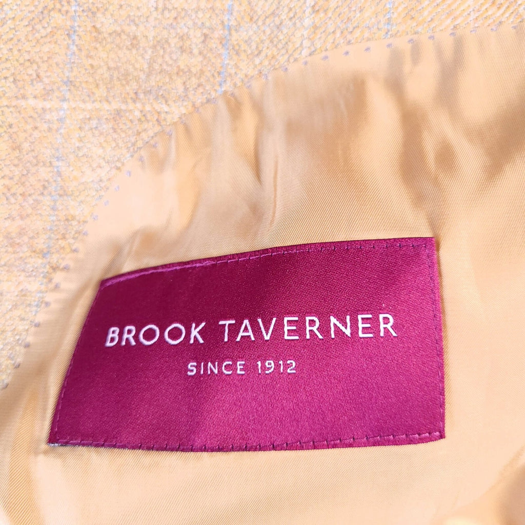 Brook Taverner Tweed Blazer Jacket Mens 46S Tan Blue Check 100% Wool Sport Coat
