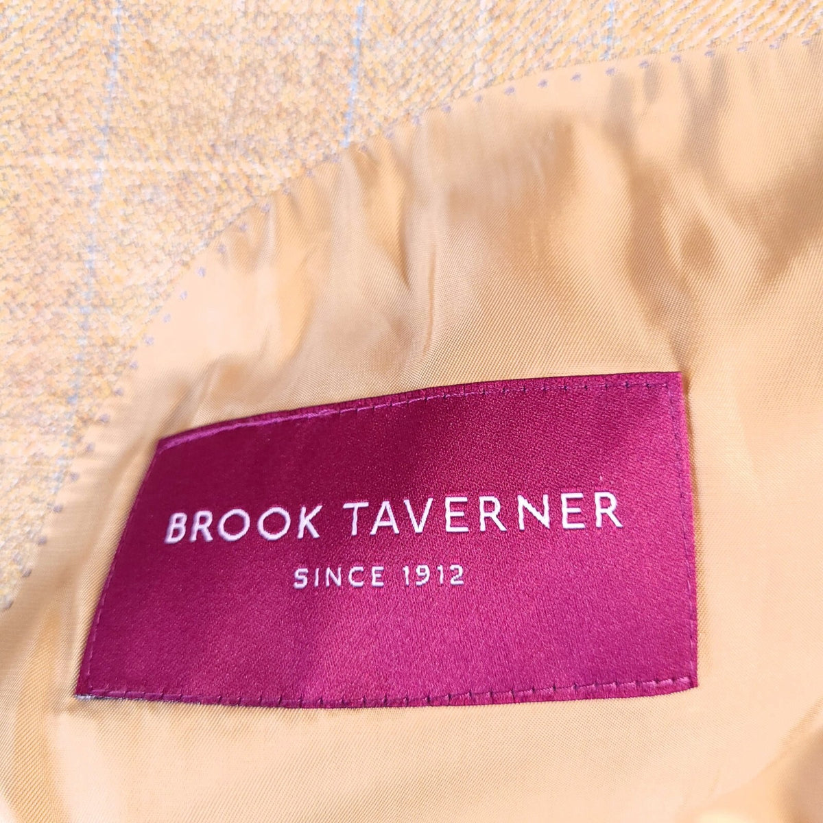 Brook Taverner Tweed Blazer Jacket Mens 46S Tan Blue Check 100% Wool Sport Coat